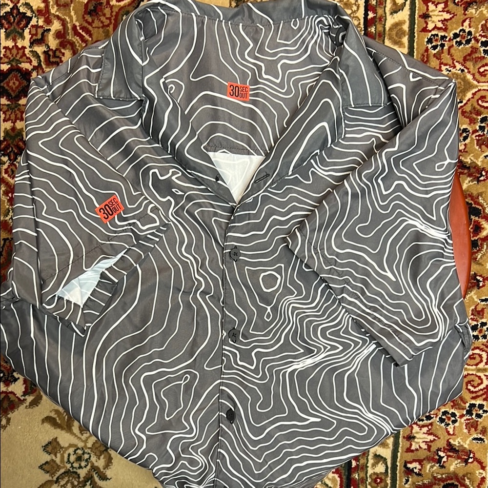 Gray Button-Up Short SleevedShirt with White Topographic Design